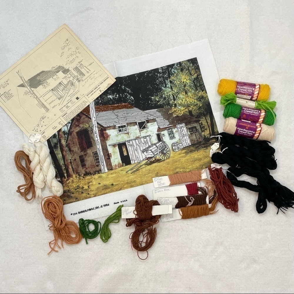Vintage Dimension needlework kit Sunlit Barnyard crewel wool fibers rustic art 